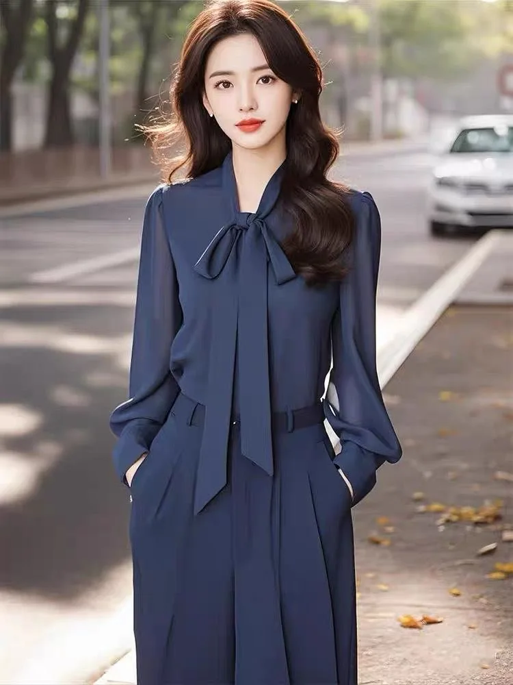 New Elegant 2 Piece Sets Spring 2024 Chiffon Shirts Women Bow Collar Long Sleeve Shirts+ Straight-Leg Pants Fashion Outfits