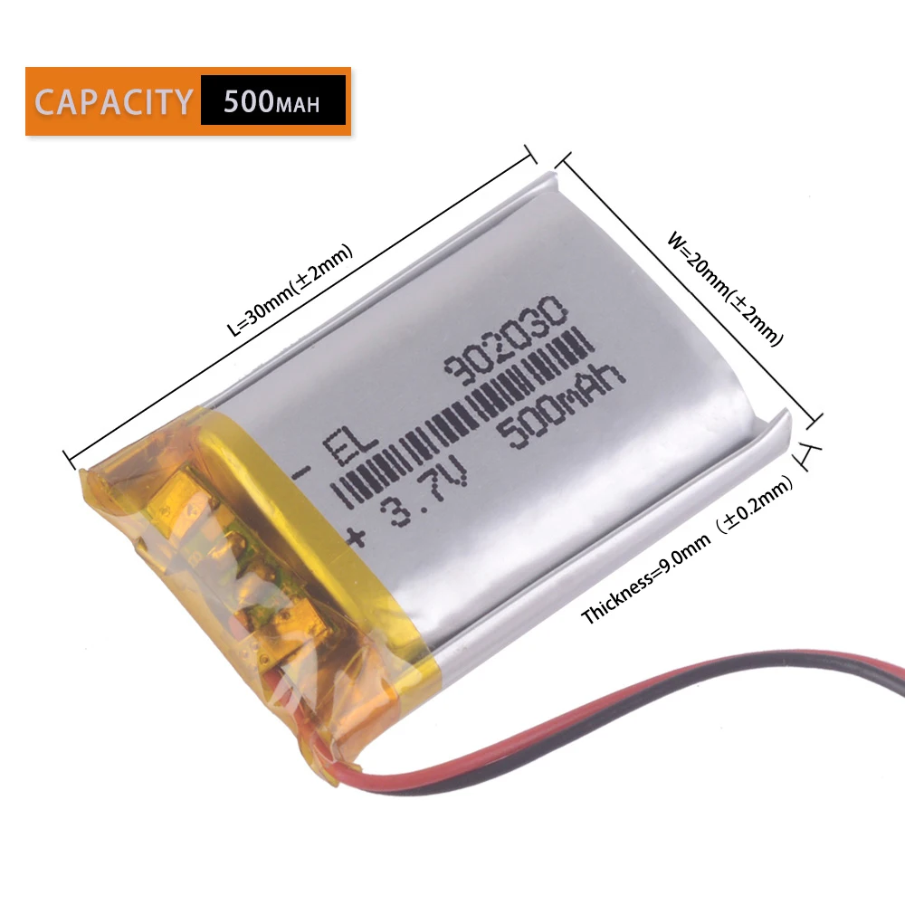 JST 1.0 2P 802030 3.7V 500mAh  302030 402030 502030 602030 702030 902030 102030 Rechargeable Lithium Lipo Polymer Battery