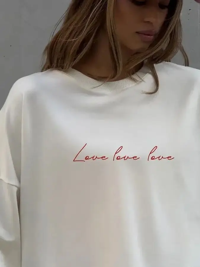 Loose Long Sleeve Cotton T-Shirt Women's Casual Style Printed Comfortable Vintage Early Autumn Top Lazy Style round Neck