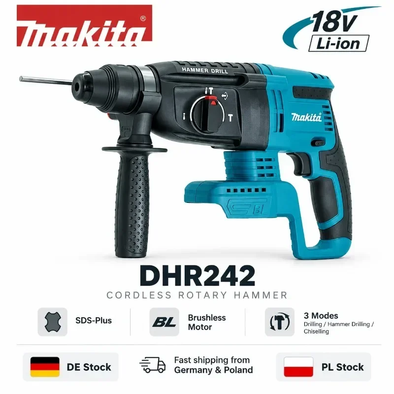 Makita DHR242, trapano a percussione rotativo senza fili 18V LXT, motore brushless, 24 mm, per calcestruzzo, 4700 impulsi al minuto, 2,0 J, attacco SDS Plus, 3 modalità, utensile elettrico
