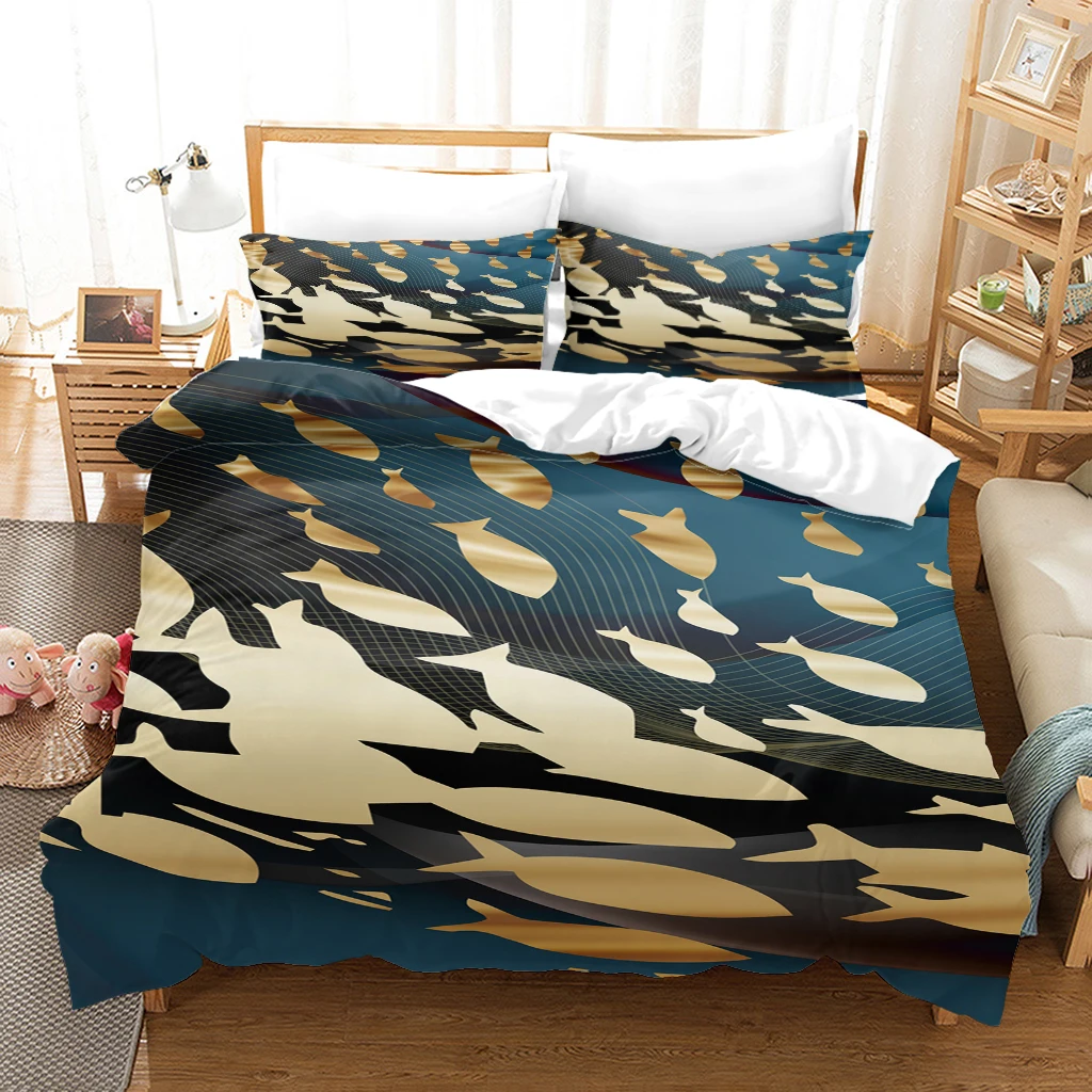 HUANZHUANG Duvet Cover Girl Room Set Fashion Youth Golden Abstract Fish Children Bedding Set Linen Queen Size Bed Comforter Cove