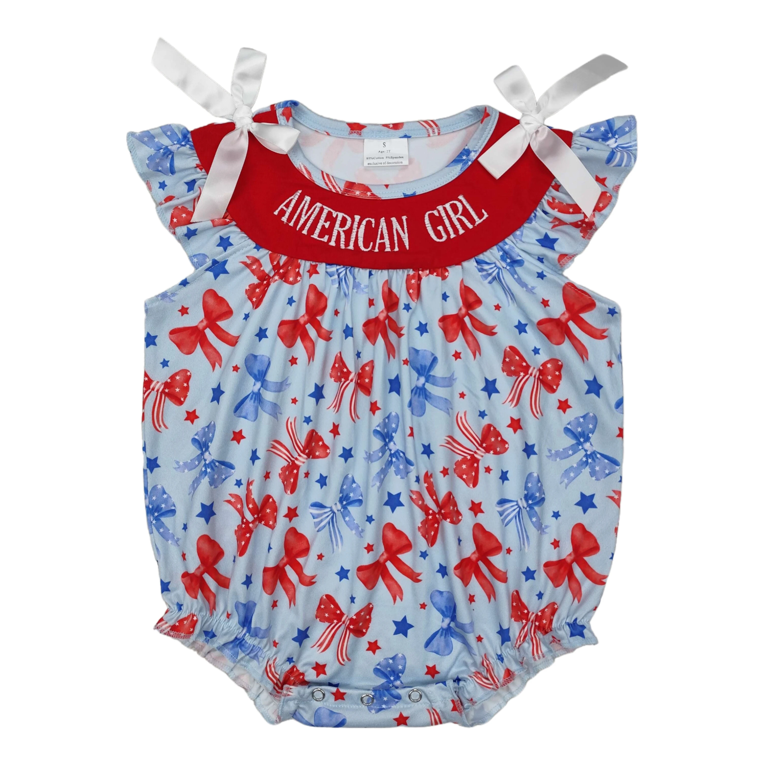 

Wholesale Baby Girl Embroidery Red Blue Bows July 4th Bubble Children Coverall Short Sleeves Bodysuit Newborn Toddler Kid Romper
