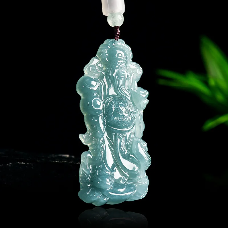 

Natural A-grade Blue Water Jadeite Pendant 'Greeting Wealth God' for Good Luck & Prosperity Authentic Ice Seed Jade Jewelry