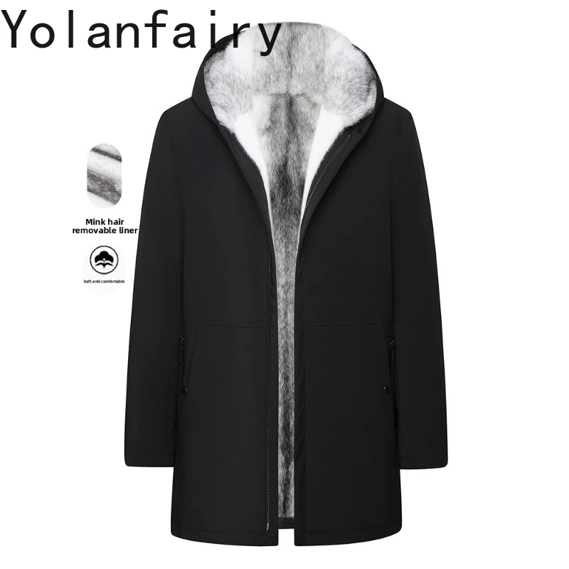 

YOLANFAIRY Luxury Natural Fur Coat Whole Mink Jacket for Men High-end Winter Mid-length Hooded Fur Parkas Cross Mink Fur Liner
