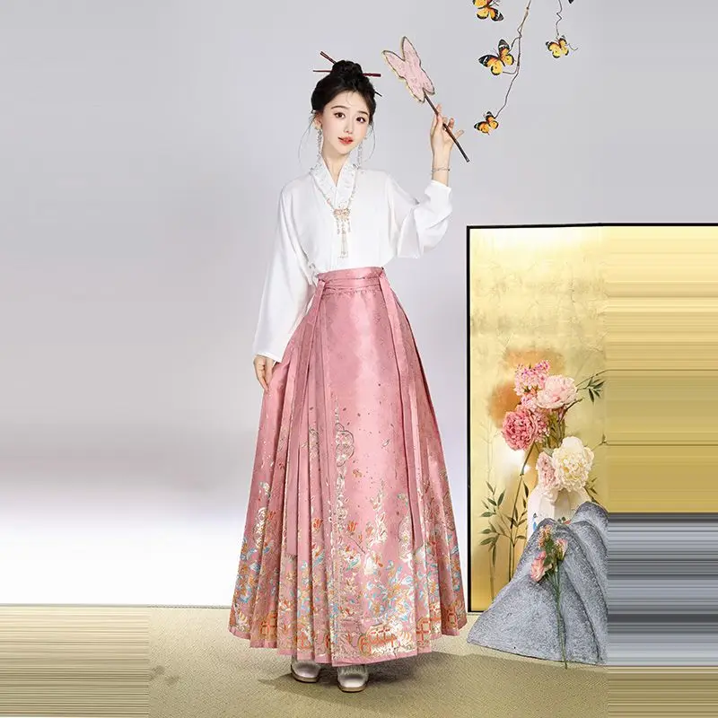 Traje tradicional chinesa feminina, saia hanfu, cara de cavalo dourado tecelagem, vestido diário, roupa de festa de dança rosa, dinastia Ming