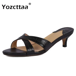 Yozcttaa Size 34-39 Women Mules Sandals Real Leather Mid Kitten Heels Summer 2025 Slides Shoes Casual Daily Party Home Slippers