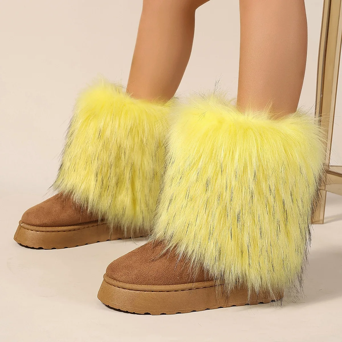 Women Furry Boots Winter Fuzzy Shoes Fluffy Fur Snow Boots  For Women Slip-on Flats Outdoor Warm Ankle Boots Ladies Footwear