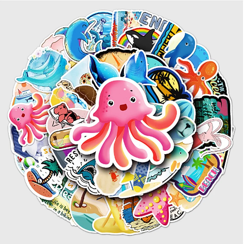 Sea Life Marine adesivos impermeáveis, Decoração do partido, Kids Favor, Não repetindo, 50 pcs por lote