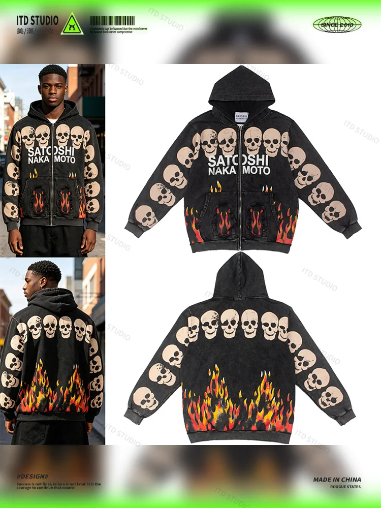 Retro Streetwear Hashimoto Skull Hoodie Fire Skull Print Oversized Cotton Sweatshirt Casual Style for Men And Women