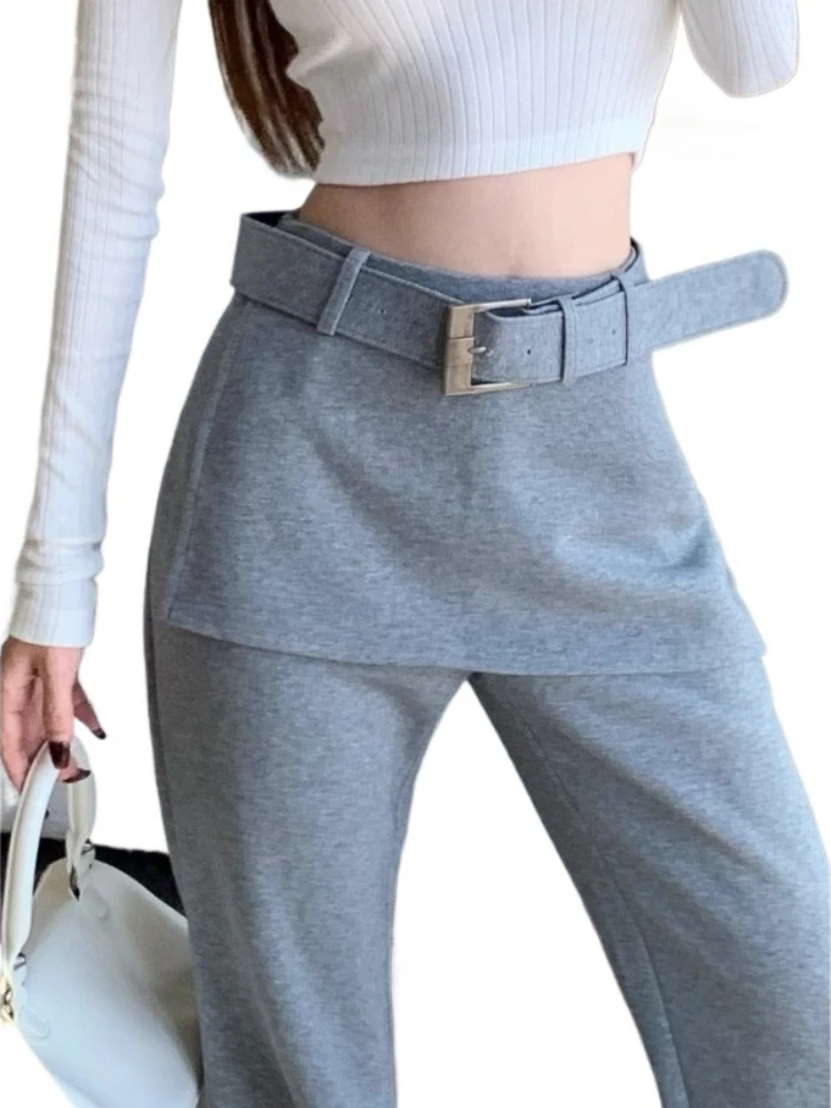 Szare mikro-spodnie damskie jesienno-zimowe, szyte, imitujące dwuczęściowy komplet, z wysokim stanem, typu culottes, dopasowane, modne, w stylu Y2k, codzienne spodnie.