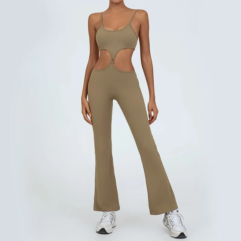 Hollow Out One-piece Removable Yoga Suit Women Sports Jumpsuit Sleeveless Metal Ring Backless Flare Bodysuit Workout Sportswear