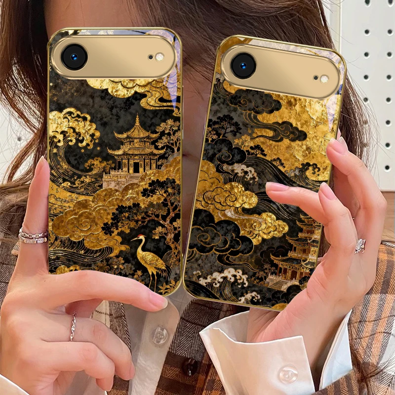 

Golden surging waves For IPhone 17Pro Max 16 17 Pro 15 Pro 14 13 Plus 12 Mini 11Pro Max XR 16E 17 Air Golden glass phone case