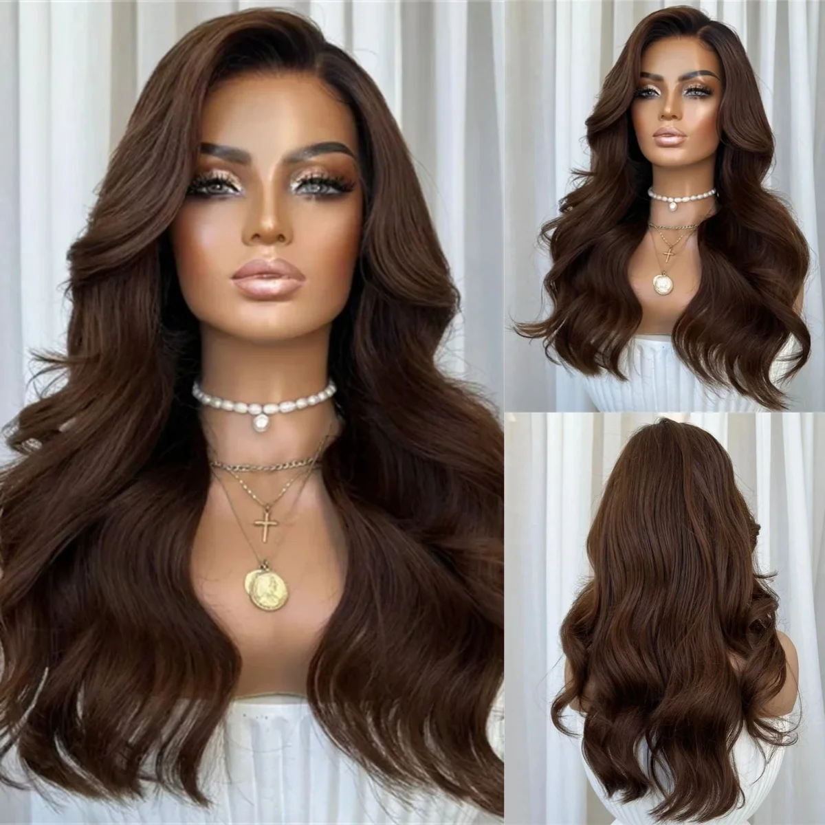 

Шоколадно-коричневые длинные парики с волнистыми локонами и кружевной передней частью, без клея, синтетические, высокого качества, с предварительно выщипанной натуральной линией роста волос, свободная линия разделивания, для косплея