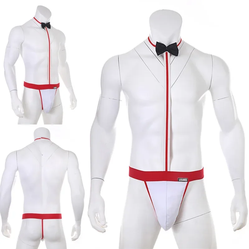 Men's Erotic Hollow Out One-Piece G-Strings Panties Sexy Bow-Tie Decor Thong Teddies Manservant Cosplay Cloth Slim Fit Housewear
