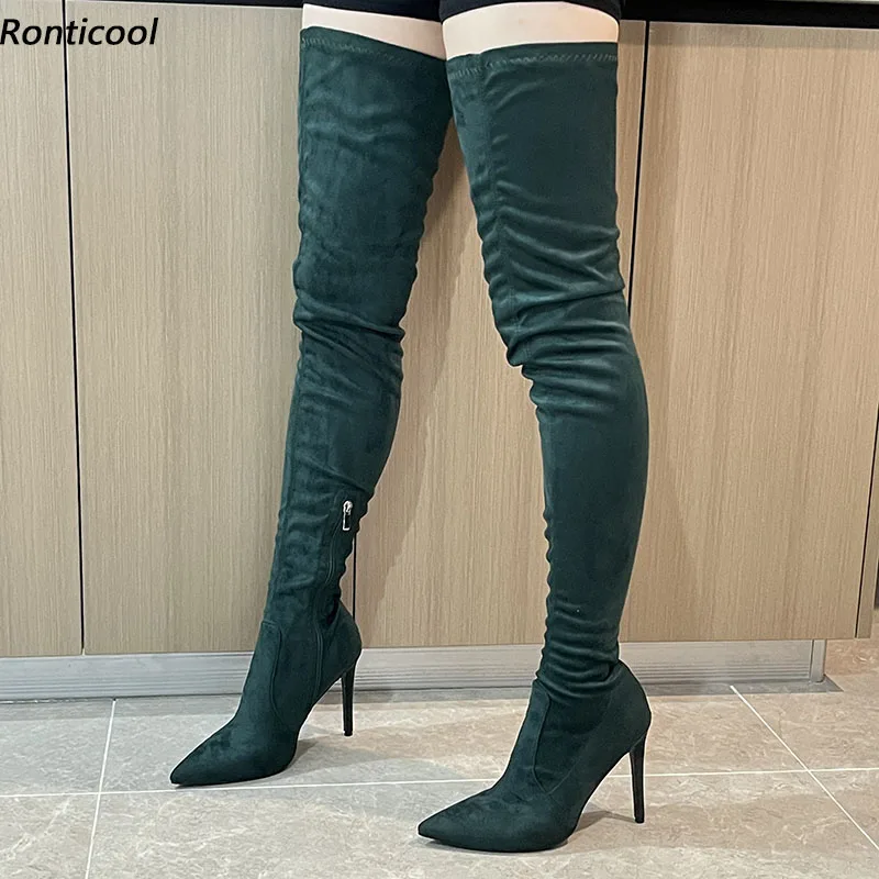 Ronticool Italian Style Women Spring Thigh Boots Sexy Stiletto Heels Pointed Toe Dark Green Banquet Shoes Ladies Us Size 5-15