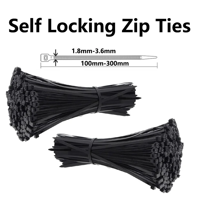 500/1000PCS 3*100 3*150 4*200 Black Self-locking Plastic Nylon Tie Cable Tie Fastening Ring Zip Wraps Strap Nylon Cable Tie Set