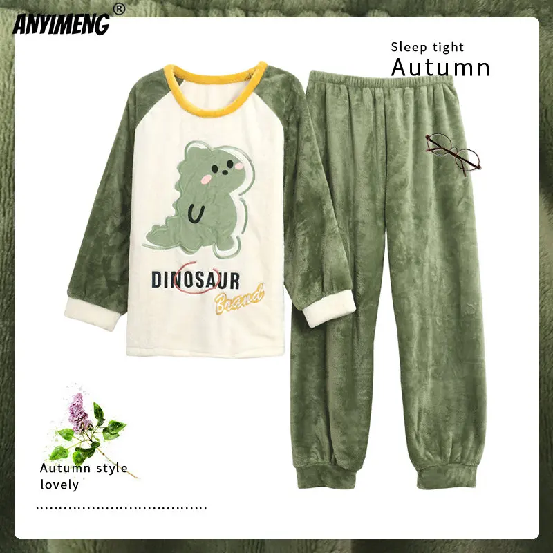 Autumn Winter Warm Flannel Couple Pajamas Women Sleepwear Warm Pijamas Lover Homesuit Dinosaur Printed Casual Men Nightwear