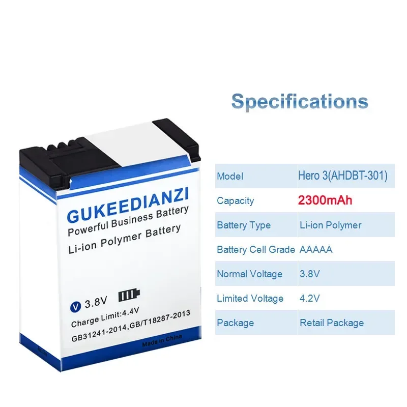 GUKEEDIANZI Hero 3 (AHDBT-301) 2300mAh bateria do AHDBT-201 GoPro/301 dla Gopro Hero 3 3 + AHDBT-301 AHDBT-201 akumulator Track NO