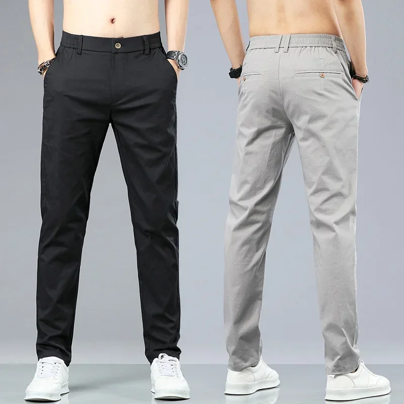 

Pop Spring Summer Cotton Men Casual Pants Elastic Waist Business Korean Fashion Straight Classic Solid Color Trousers Black Khak