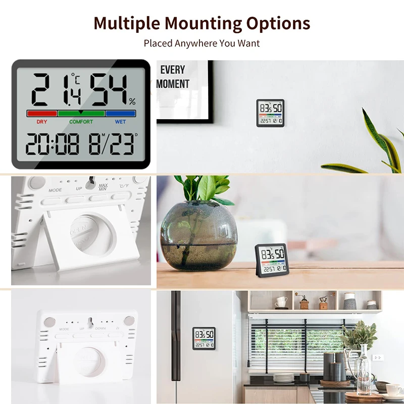 ساعة رقمية إلكترونية رفيعة قابلة للتركيب على الحائط، ساعة منبه صغيرة بشاشة LCD مغناطيسية، متعددة الوظائف، درجة الحرارة والرطوبة، ساعة إلكترونية