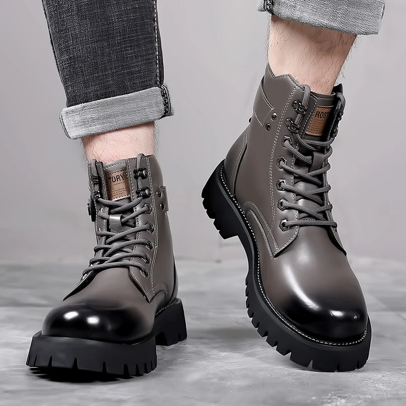 Ankle Boots Men\'s Winter American High Top Genuine Leather Outdoor Cotton Wool Plush Cow Tendon Bottom Work Wear Short Boots