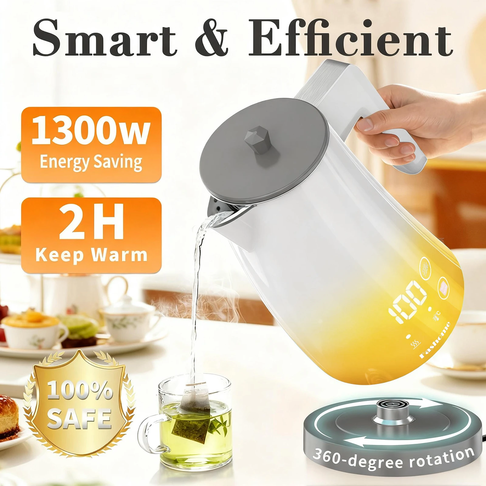 Modischer elektrischer Wasserkocher mit 5 Temperaturregelungen, 1,25 l, automatische Abschaltung, Kaffee- und Teekanne aus Edelstahl, Küchenhelfer