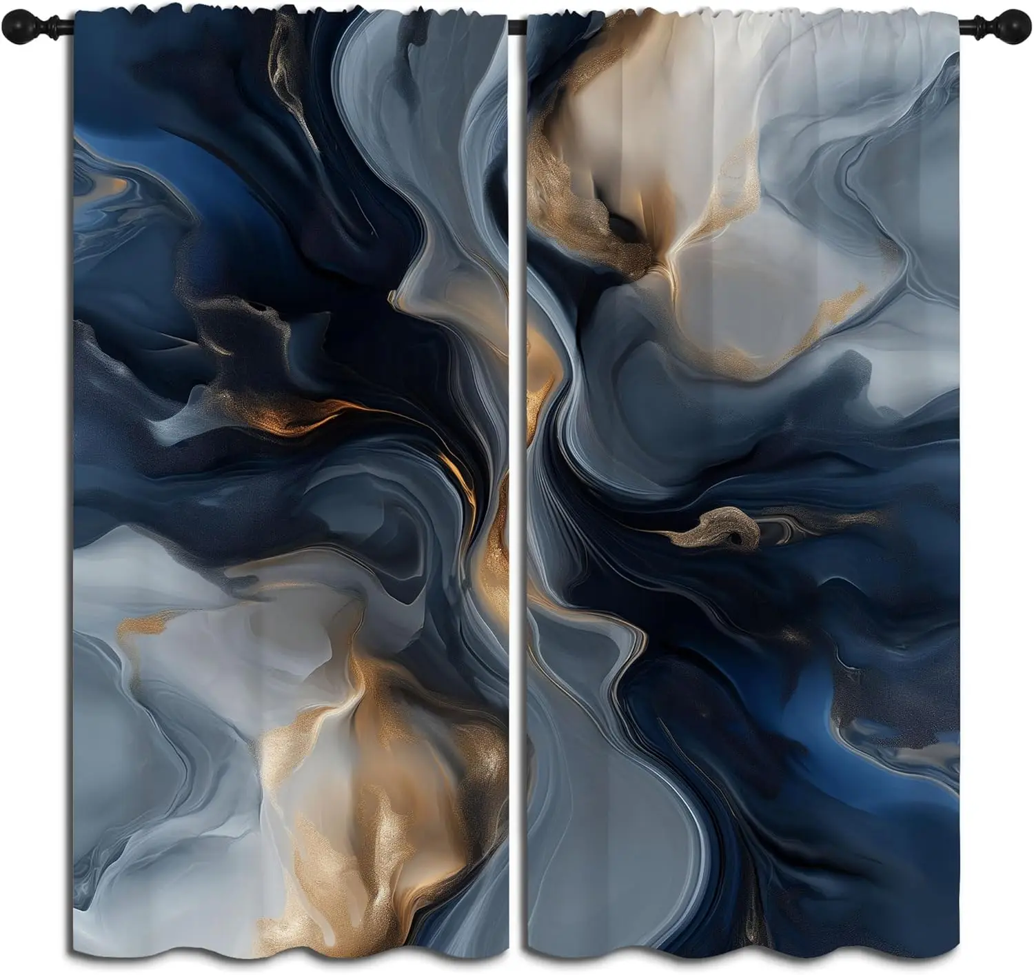 Navy Blue Marble Blackout Curtains for Boys Girl Bedroom Decor,Gold Veins Liquid Texture Abstract Thermal Insulated Rod Pocket