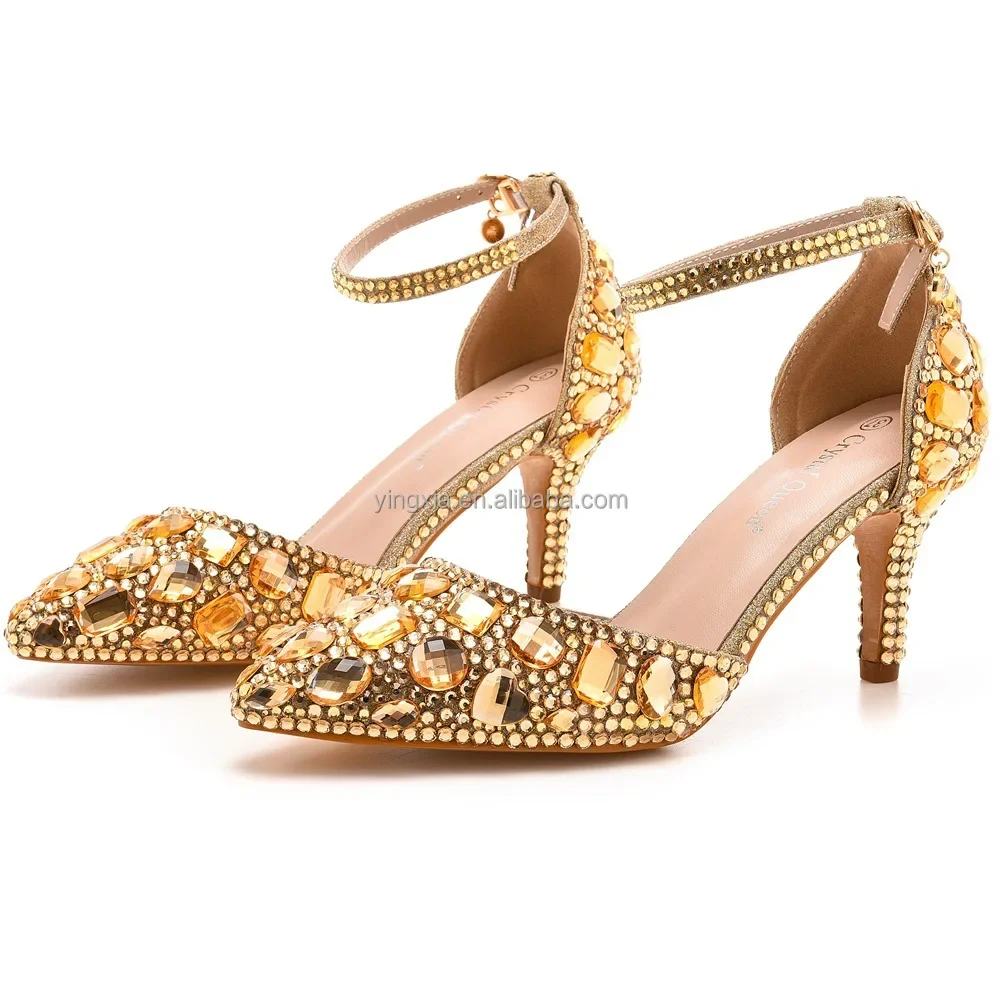 7cm Plus Size Gold Rhinestone Crystal High Heel Sandals Single Strap Buckle Strap Pointed Toe Bridal Shoes with Thin Heel