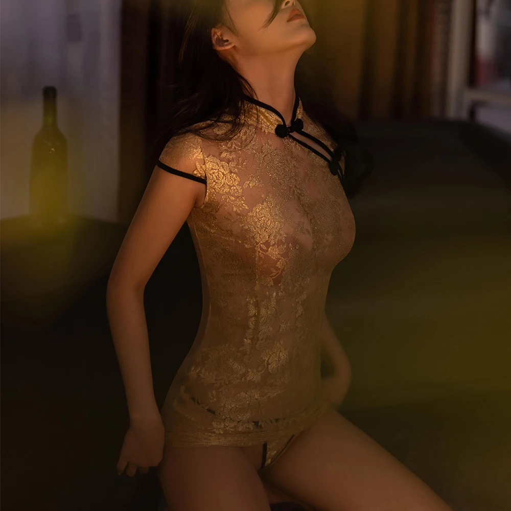 Прозрачный Cheongsam в стиле ретро, пижамы с золотой розой, сетчатая женская сексуальная ночная рубашка, женское нижнее белье, экзотическая униформа, искушение