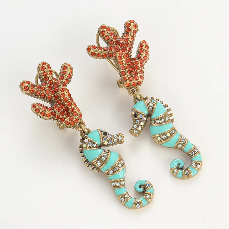 Vintage azul cavalo marinho brincos mulher strass cristal vermelho coral esmalte animal verão jóias praia tendência 2025 novo
