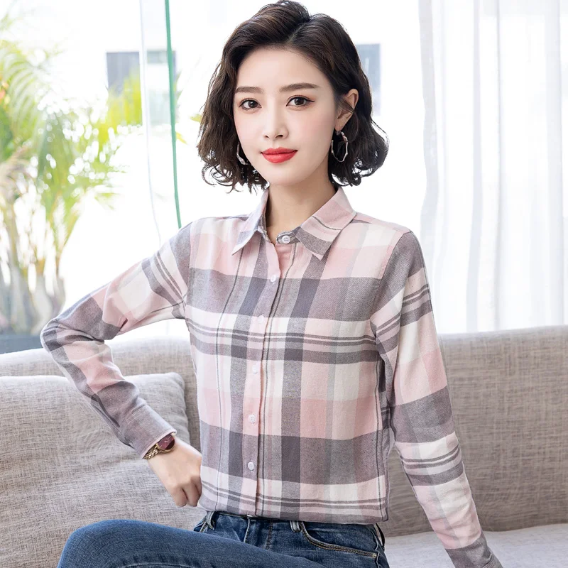 New Female Spring And Autumn Checkered Korean Loose Shirt Women\'S Long Sleeved Pure Cotton Fashion Casual Lapel Versatile Top