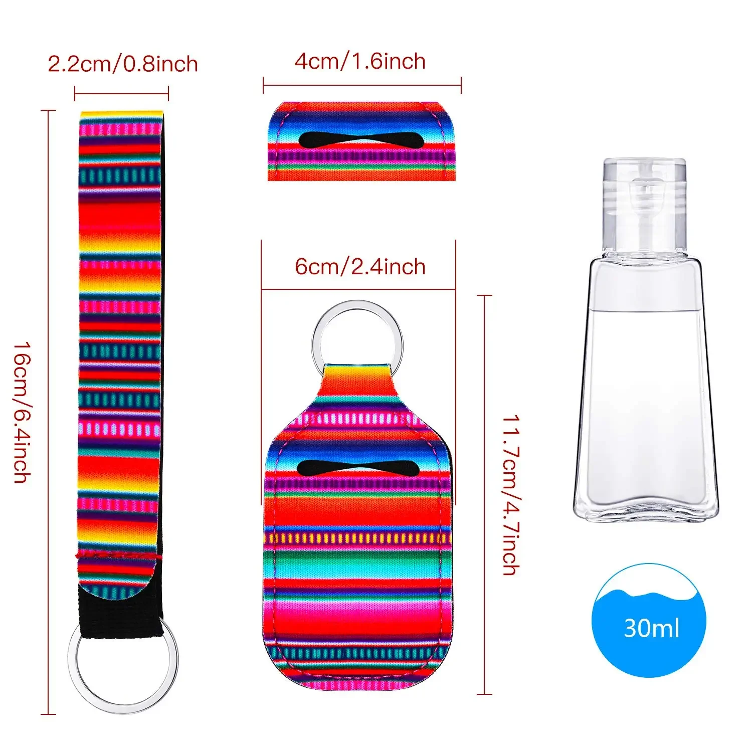 15pcs Neoprene Hand Keyring 30ML Sanitizer Bottle Holder Keychain Bags Key Rings Hand Soap Bottle Holder  for Outdoor Travell