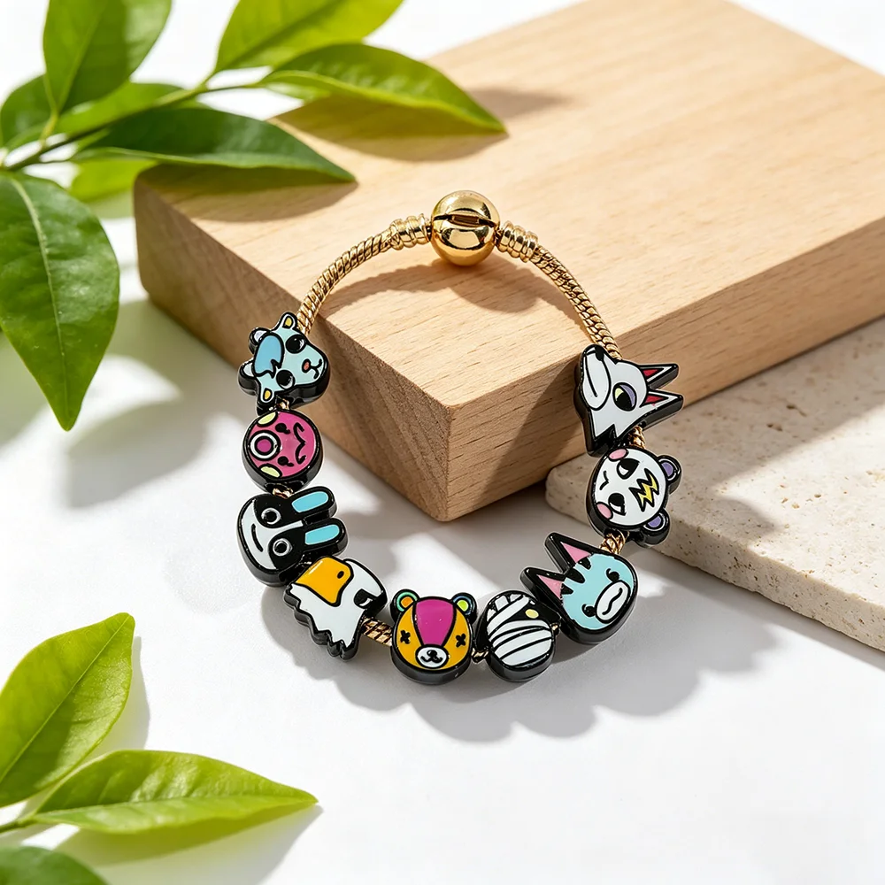 Animal Charm Bracelet New Horizons Villagers Enamel Beaded Snake Chain Bangle, Cute Game Character Jewelry Gift for Fans Girls