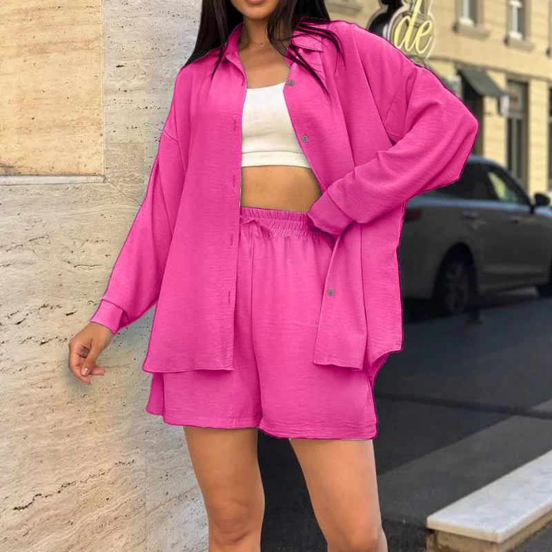 Dames Amerikaanse stijl los dames effen kleur shirt met lange mouwen effen kleur shorts tweedelig pak