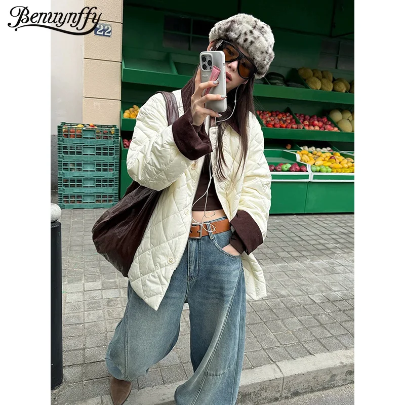 

Benuynffy Contrast Corduroy Collar Quilted Jacket Women 2025 Autumn Winter Street Long Sleeve Loose Warm Female Outerwear New