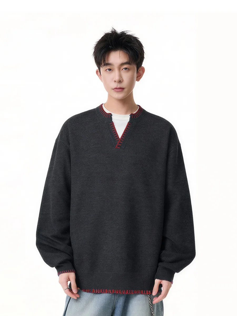 

Новогодний мужской вязаный свитер с V-образным вырезом, имитация двухслойности, с красной строчкой, утепленный, зимний, повседневный, модный, из полиэфирного волокна