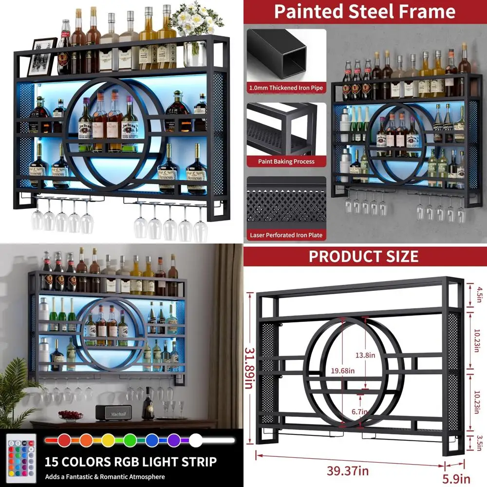 Industrial Wall-Mounted 3-Tier Wine Rack with LED Lighting, 39