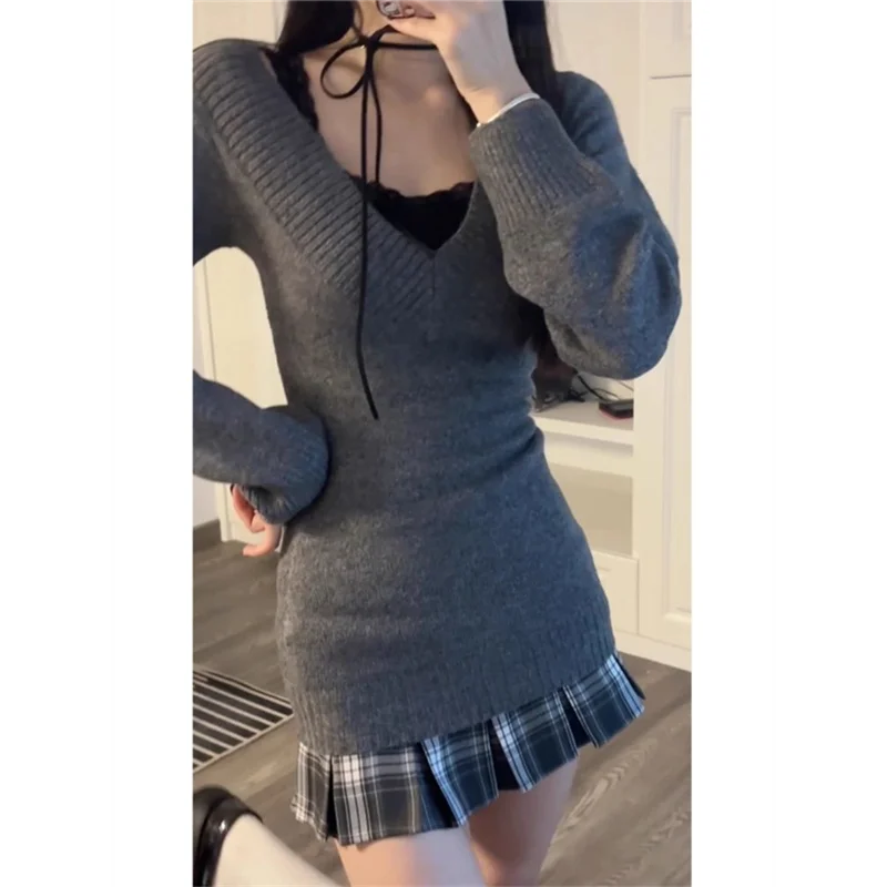 Korean sle Set Autumn and Winter Match A Complete Set Gray Sweater Women Knit Pure Desire Two-piece Set