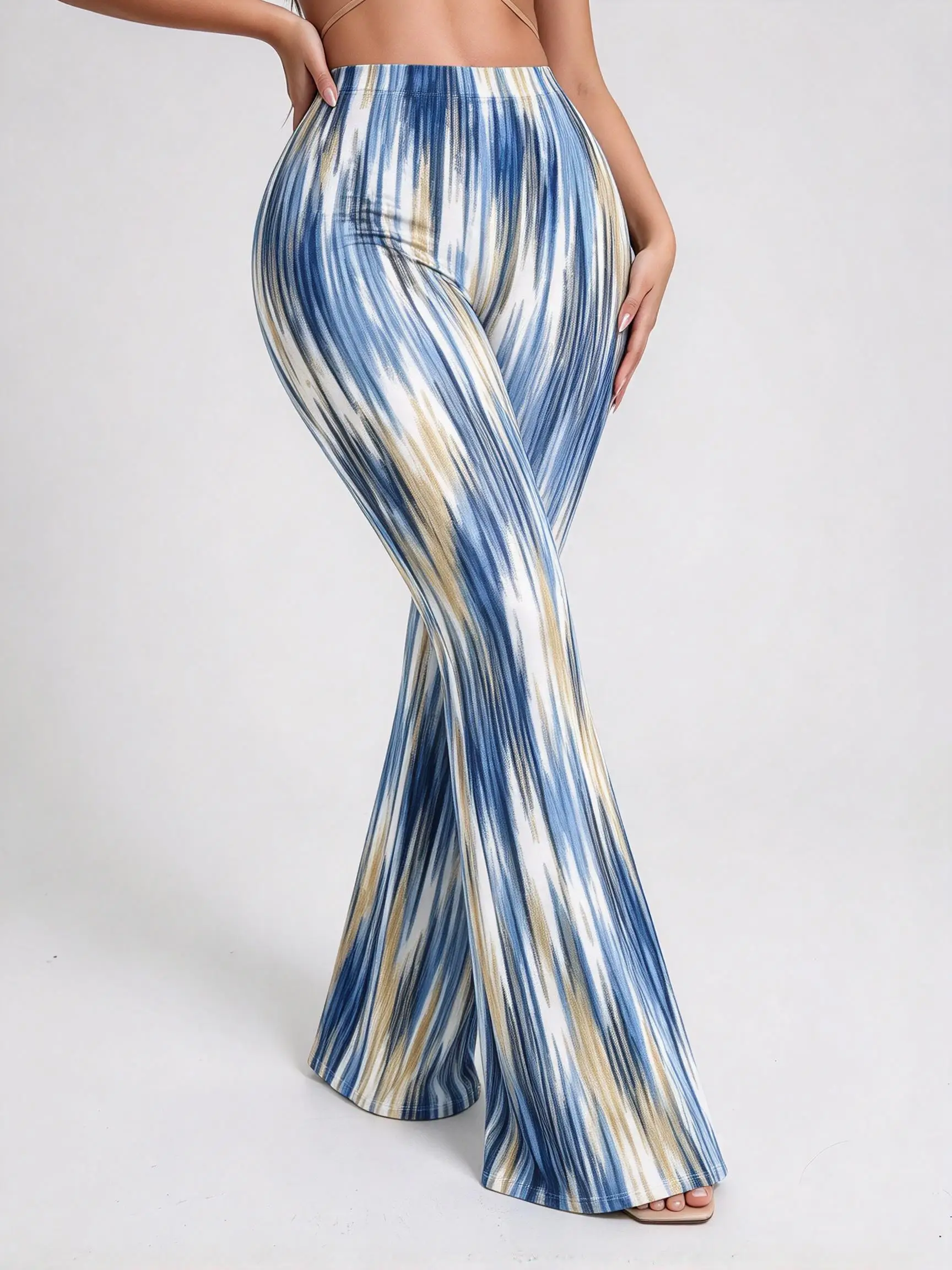 Mid Waist Gradient Stripe Print Flared Pants for Women, High Stretch Butt Lifting Bell Bottom Trousers
