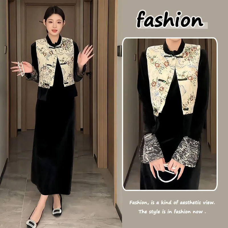 

Chic Velvet Set Spring Layering Buttoned Vest Silk Top f Skirt Tee Piece Set Chinese Sle Floral Print High Waist Skirt