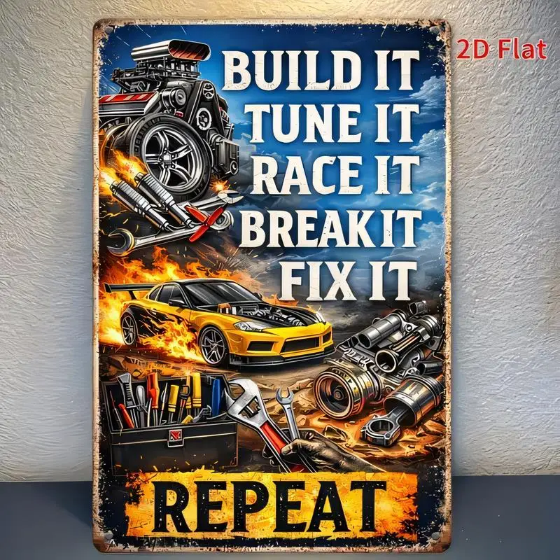 Build It... Car Tuning Vintage Metal Tin Sign - Retro Wall Art w/ Racing Car, Engine & Tools, Iron, Perfect for Garage/Workshop/