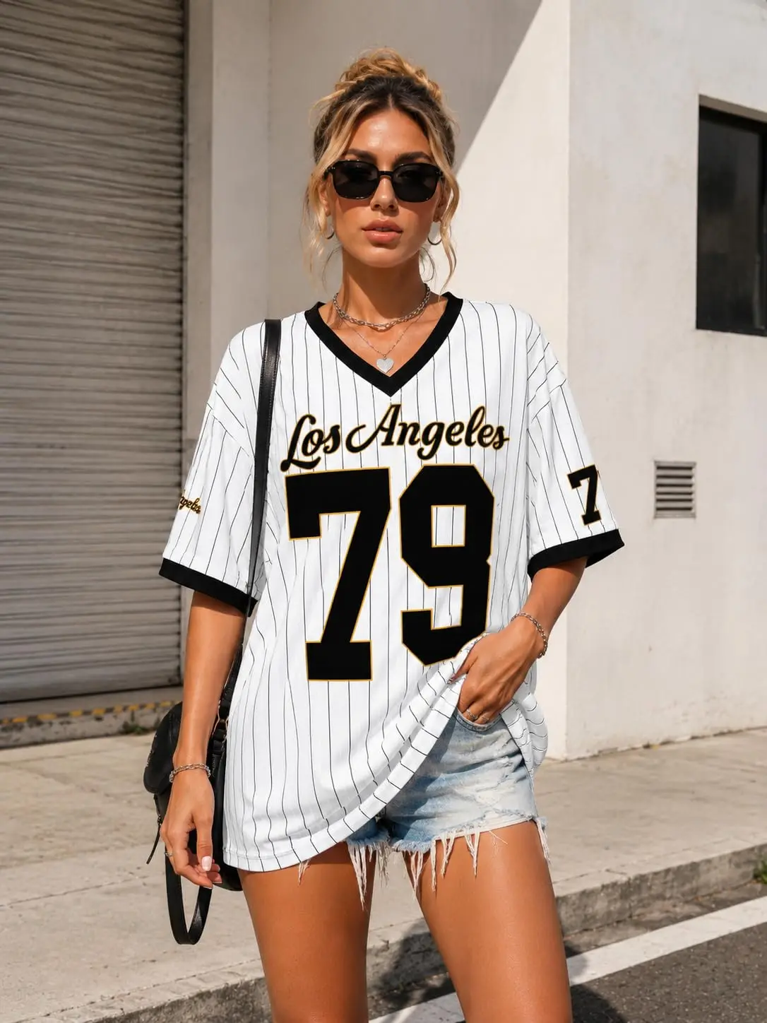 Summer New Los Angeles 79 Print Stripe T-shirt For Women V-Neck Short Sleeve Sports Football Jersey Y2K Loose Oversized Top