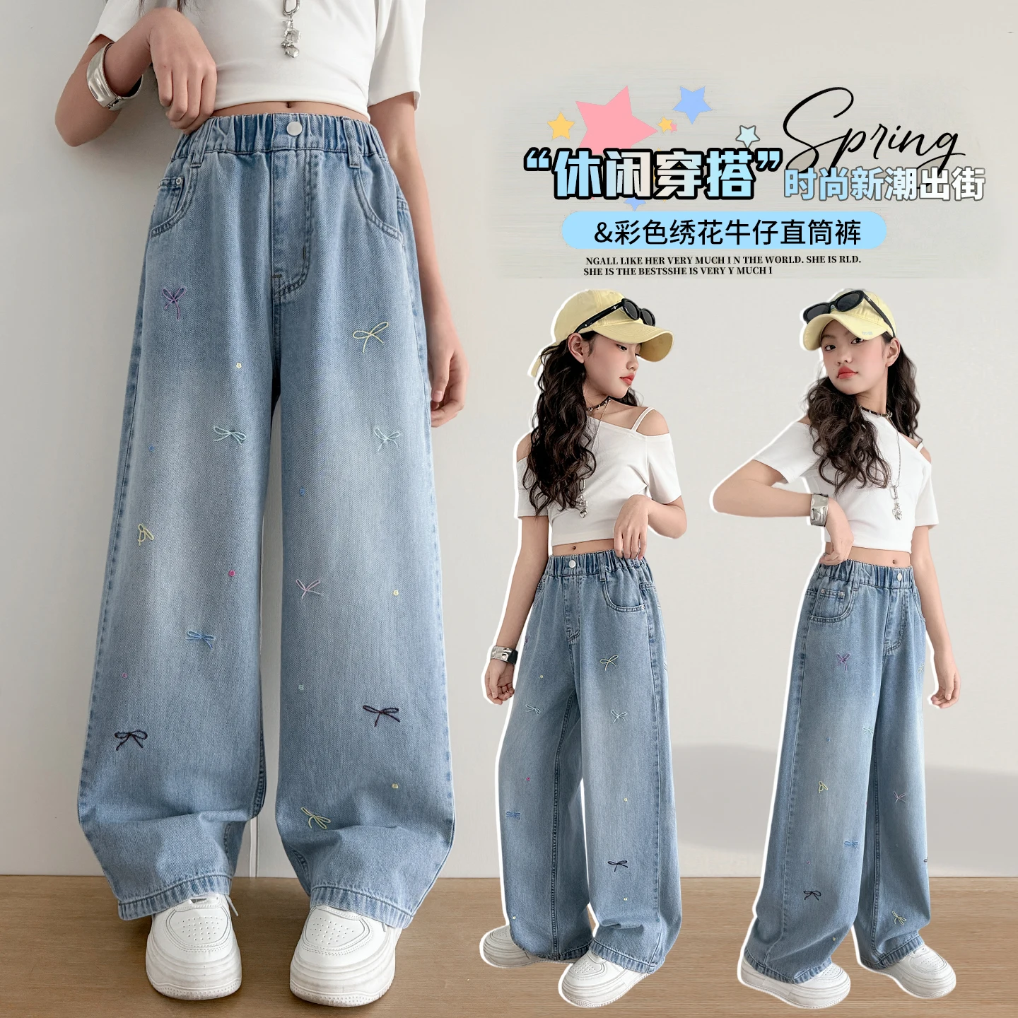

Big Girls Blue Denim Jeans Loose Straight Colorful Bow Embroidery Spring Summer Casual Fashion Bottom Wear for Kids Tweens 4-14Y