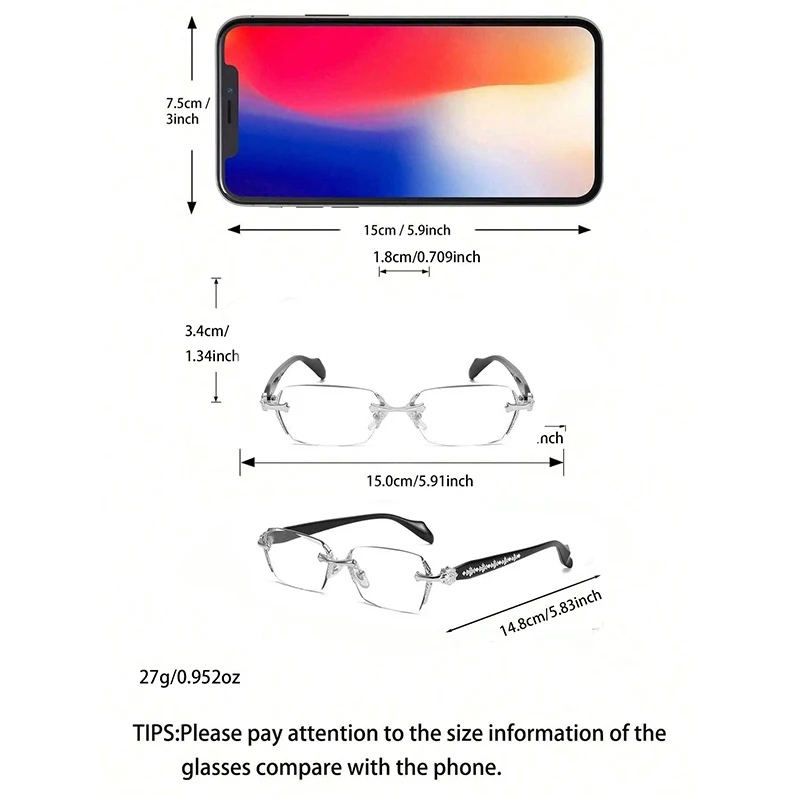 Men and Woman Rimless Metal Photochromic Reading Glasses, Business Eyewear for Daily Office Use