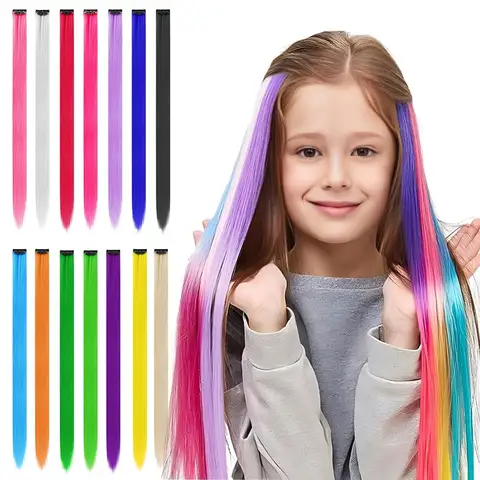 10 Pcs 컬러 헤어 합성 확장 머리에 다채로운 클립 22 인치 합성 스트레이트 헤어 확장 어린이 여자 여자