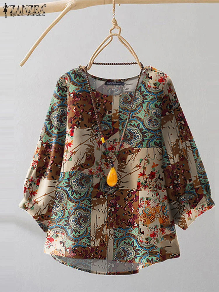 

ZANZEA 2025 Women Casual Loose Cotton Tops Vintage Crew Neck Tunic Fashion Three Quarter Sleeve Shirts Floral Printed Blouse