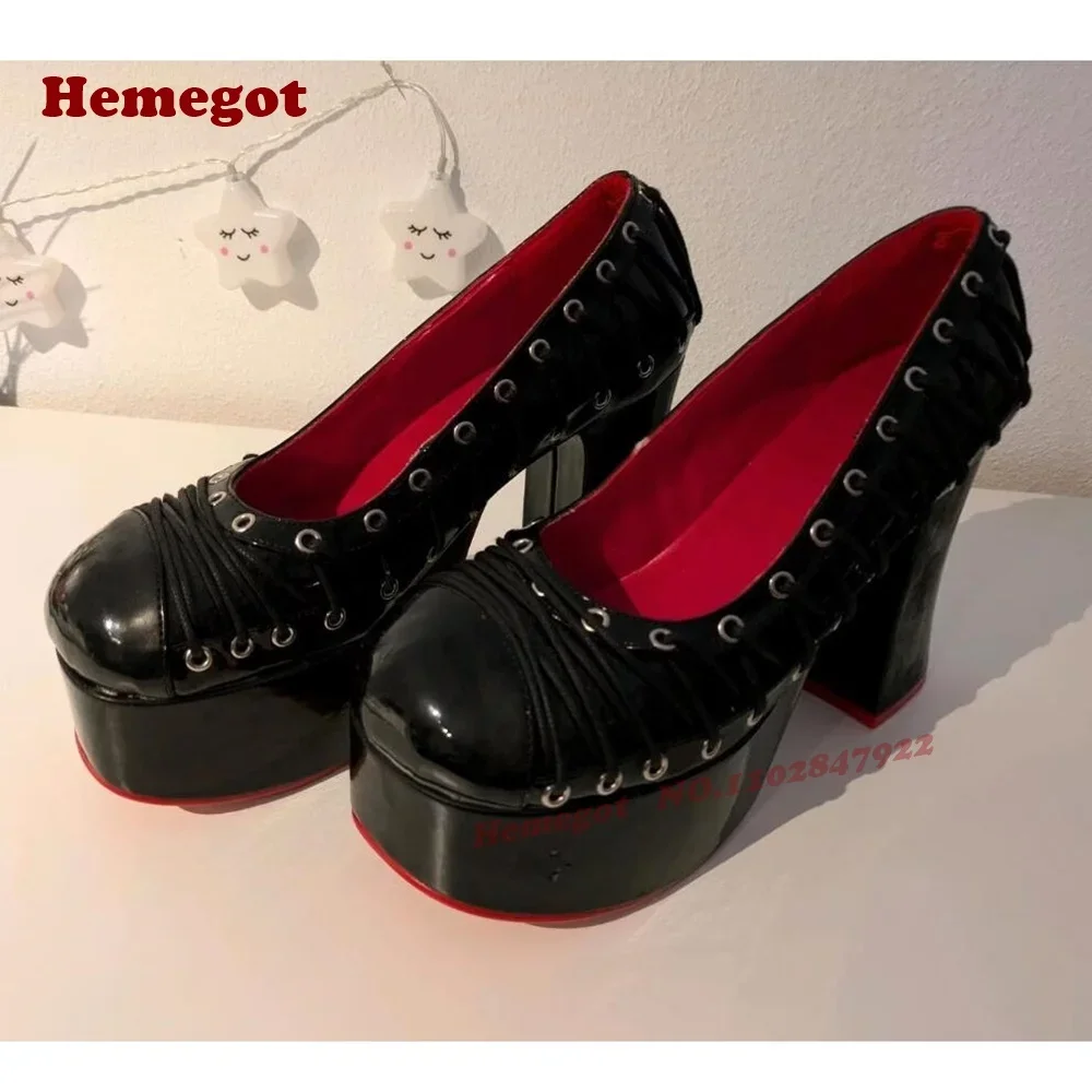 

Cross Tied Shallow Women's Pumps Platform Patent Leather Lace-Up Pumps Black Round Toe Chunky Heels Gothic Shoes Splicing Sexy