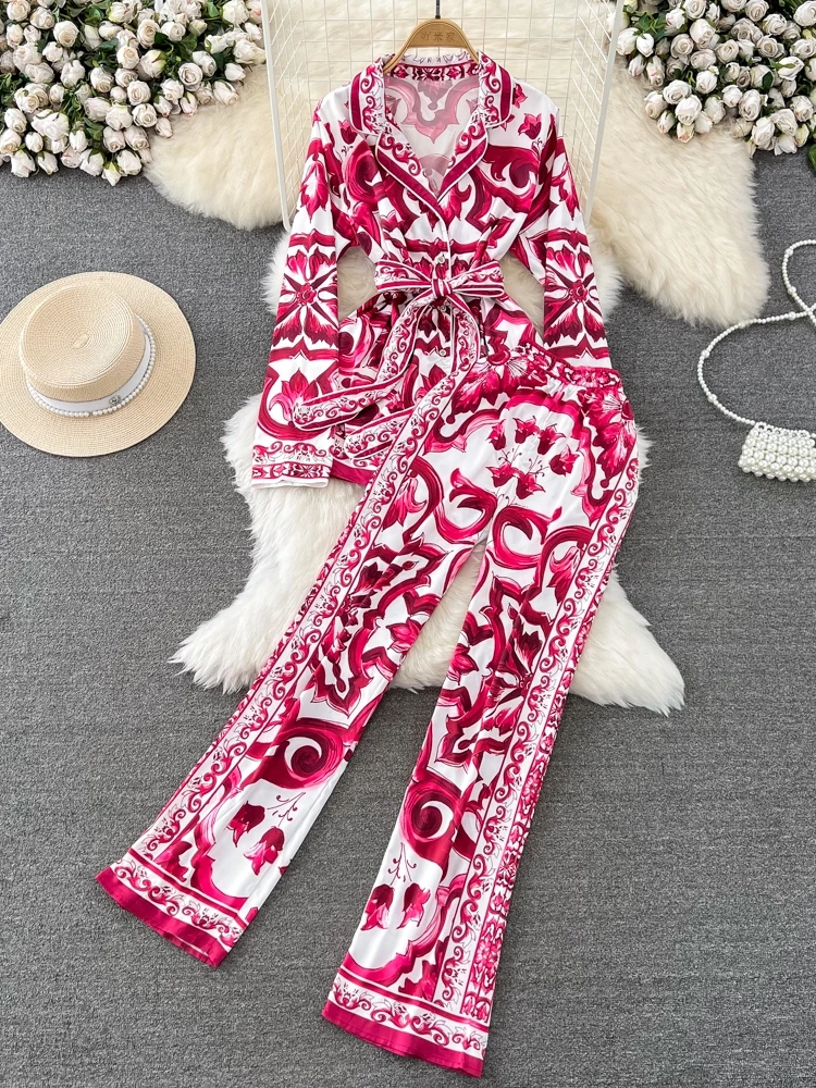 

Faionable Long Sve Cerc с принтом irt и широкие брюки с высокой талией, комплект из двух предметов для молодых женщин, лето 2023, полиэстер