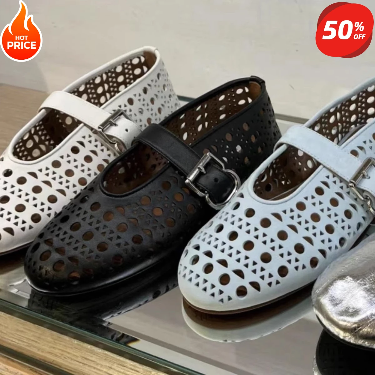 

2024 New French Hollow Ballet Shoes Flat Bottom One-word Buckle Shallow Mouth Mary Jane Shoes Women's Niche Design Single Shoes