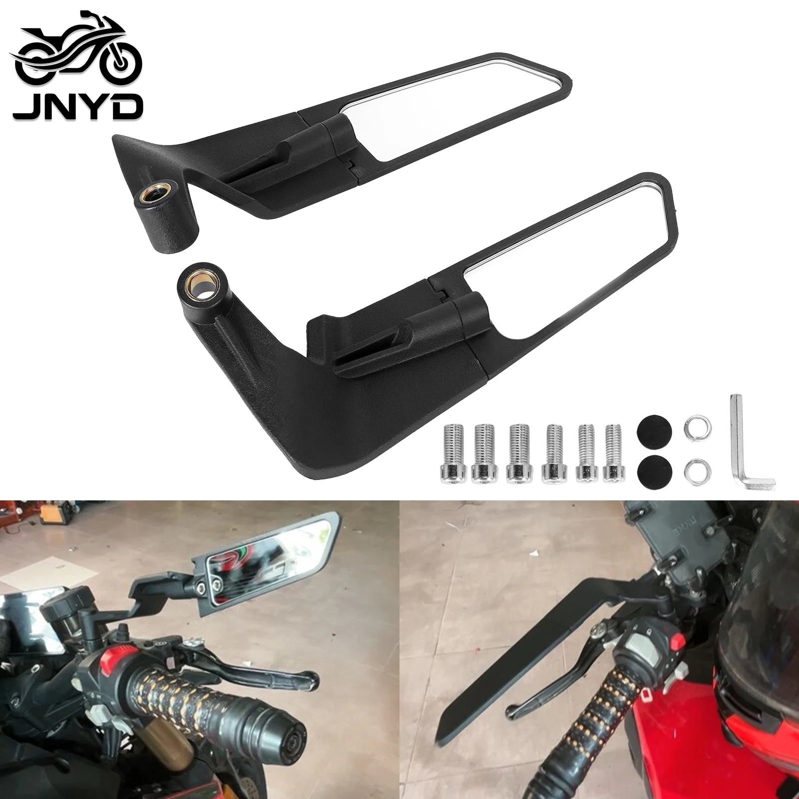 JNYD Universal 8mm 10mm Wide Angle Motorcycle HD Vision Fixed Wind Wing Side Mirrors Stealth Winglets Rearview Mirror Kits